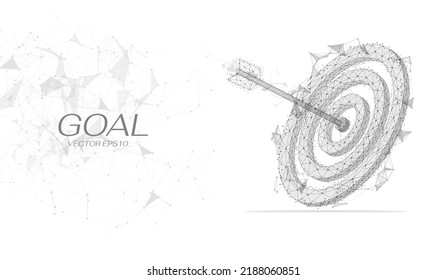 3d wireframe arrow hit center of archery target black outline isolated on white background. Low poly of business, real life achievement concept vector background.