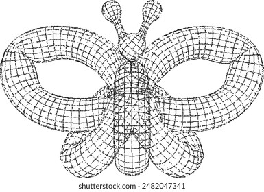 3D wireframe black butterfly balloon in futuristic style with a grainy dotted effect. Isolated vector.	