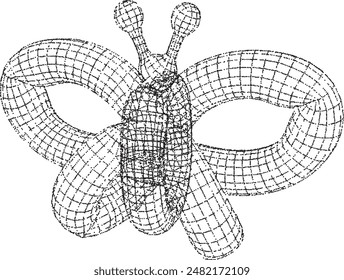 3D wireframe black butterfly balloon in futuristic style with a grainy dotted effect. Isolated vector.	
