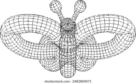 3D wireframe black butterfly balloon in futuristic style with a grainy dotted effect. Isolated vector.