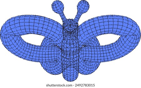 3D wireframe blue butterfly balloon in futuristic style with a grainy dotted effect. Isolated vector.	