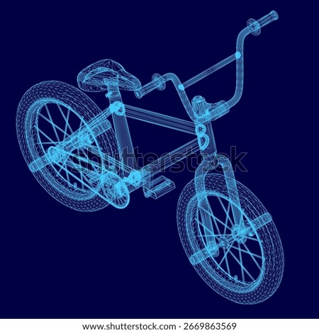 A 3D wireframe BMX bicycle stands out against a smooth blue background, showcasing its sleek frame and intricate structure. The clean lines and geometric design highlight the bike's modern aesthetic.