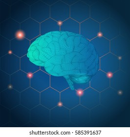3D wireframe brain illustration lateral side view with hexagon connection dots on blue background
