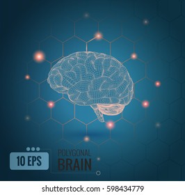 3D wireframe brain illustration lateral side view with hexagon connection dots on green background