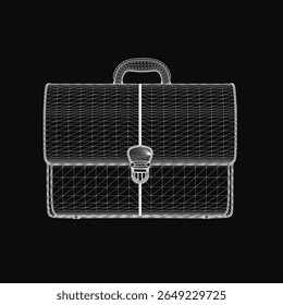 Um modelo de maleta 3D wireframe se posiciona contra um plano de fundo preto elegante, destacando seus detalhes realistas e design profissional. A mala estruturada apresenta linhas limpas, uma forma moderna