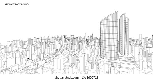 3d wireframe of building. city architecture sketch design.