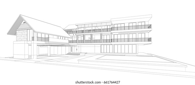 3d wireframe of building. sketch design. Architecture background. vector