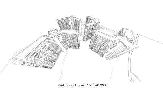 3d wireframe of building. sketch design.Vector