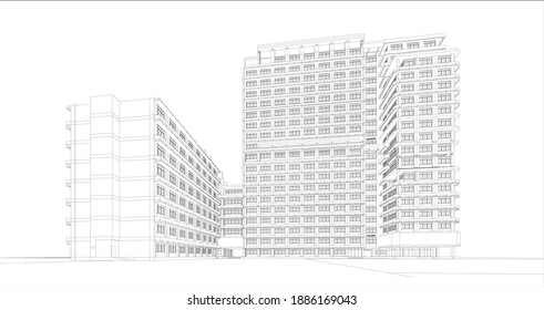 3d Wireframe Of Building. Sketch Design.Vector