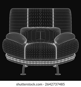 modelo de cadeira 3D wireframe com um dorso curvo e braços, estofados em tecido neutro, definido contra um fundo preto para alto contraste. O design realista destaca linhas limpas e modernas.