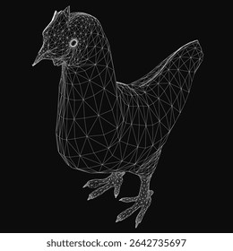 A 3D wireframe chicken stands on a black background with detailed feathers, bright alert eyes, and a curved beak. Its feet are firmly planted, giving it a realistic and lifelike appearance.