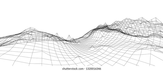 3D wireframe of contour swirl. Abstract wireframe background. Black and white wave.