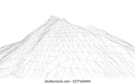 3D wireframe of contour swirl. Abstract wireframe background. Black and white wave.