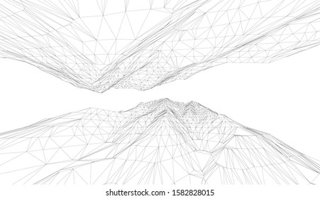 3D wireframe of contour swirl. Abstract wireframe background. Black and white wave.