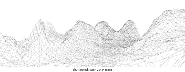 3D wireframe of contour swirl. Abstract wireframe background. Black and white wave.