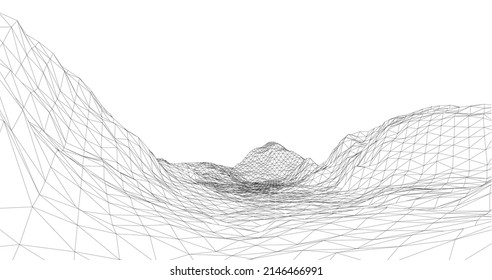 3D wireframe of contour swirl. Abstract wireframe background. Black and white wave.