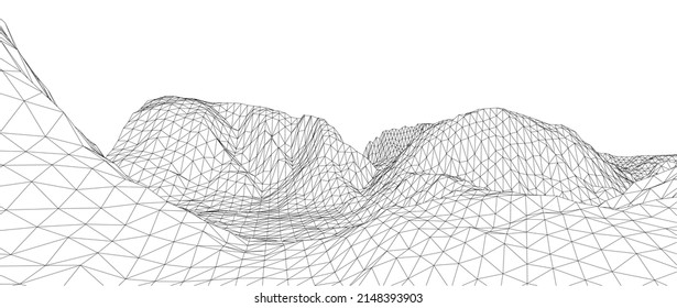 3D wireframe of contour swirl. Abstract wireframe background. Black and white wave.
