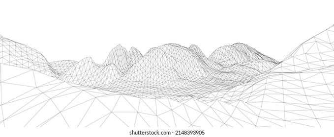 3D wireframe of contour swirl. Abstract wireframe background. Black and white wave.