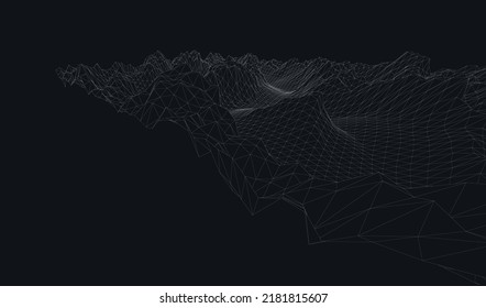 3D wireframe of contour swirl. Abstract wireframe background. Black and white wave.