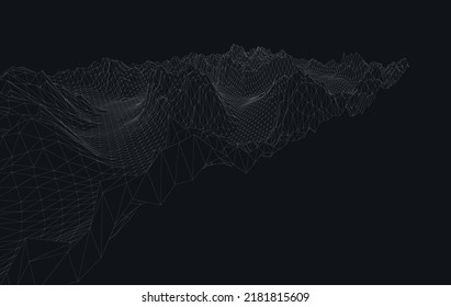 3D wireframe of contour swirl. Abstract wireframe background. Black and white wave.