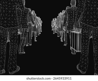 Uma multidão de pessoas de pé em uma linha, usando um wireframe 3D, com uma figura segurando uma maleta contra um fundo escuro. O design minimalista cria uma atmosfera misteriosa e futurista