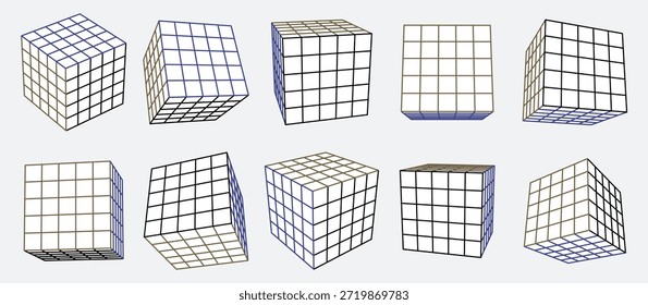 Cubos de alambre 3D. Caja isométrica geométrica 5x5, bloque de cuadrícula de perspectiva y Formas cuadradas lineales. Formas matemáticas Abstractas, contorno estructural, Elementos de diseño transparentes y dibujo técnico Conjunto de Vectores de trazo editable