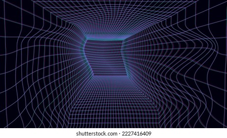 3D wireframe deformed room on the blue background. Optical illusion. Vector perspective glitch grid. Box with digital space.