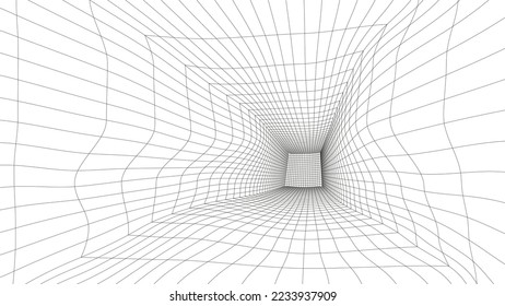 3D wireframe deformed room on the white background. Optical illusion. Vector perspective glitch grid. Box with digital space.