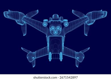 A 3D wireframe drone model with a mounted camera hovers against a dark blue background. The detailed mesh structure highlights its futuristic design and technical precision.