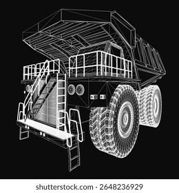 3D wireframe dump truck model in wireframe style, featuring detailed headlights, grille, and wheels against a deep black background. The intricate design highlights the vehicle's structure