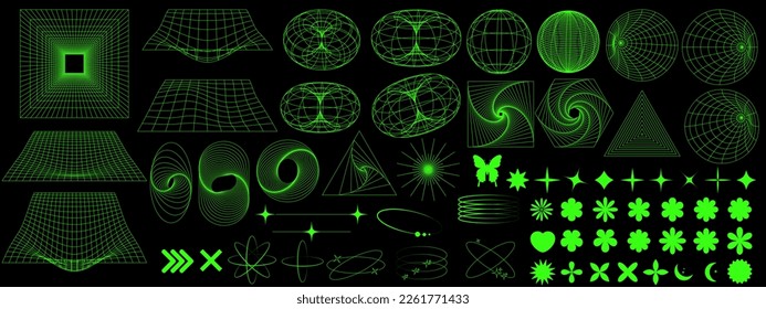 3 d formas geométricas de armazón de alambre. Elementos ciberpunk en estilo retro futurista Y2K.