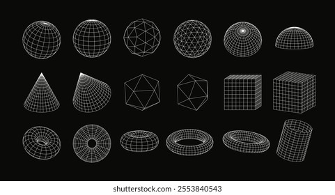 3d wireframe geometric shapes, perspective grid figures, tech mesh white line elements on black. Three-dimensional vector set of abstract transparent objects. Sphere, torus, cube, cone and cylinder