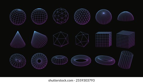 3d wireframe geometric shapes, perspective grid figures, tech mesh purple gradient line elements on black. Three-dimensional vector set of abstract transparent objects. Sphere, torus, cube, cone