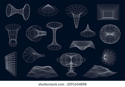 3d Wireframe geometric shapes, surface grid and sphere ball, torus and net, cyber globe. Vector science figures, objects, fractals and graphic forms circles. Waves, wire structures and constructions