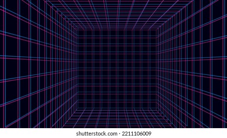Sala de planchado de malla 3D sobre el fondo violeta. Cuadrícula de perspectiva del vector. Caja con espacio digital.