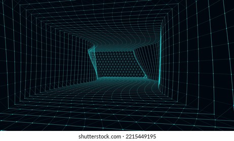 Sala de planchado de malla 3D sobre el fondo azul. Cuadrícula de perspectiva del vector. Caja con espacio digital.