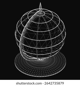A 3D wireframe globe with intricate geometric patterns floats against a sleek black background, showcasing a futuristic and detailed design. The sphere features interconnected lines and shapes,.