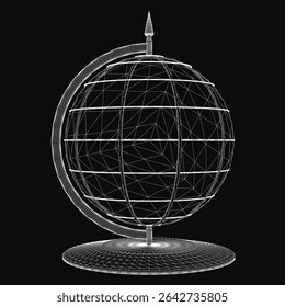 Modelo de globo em wireframe 3D com renderização realista, definido em um plano de fundo preto elegante para alto contraste. As linhas de grade detalhadas destacam a estrutura esférica, criando um moderno e.