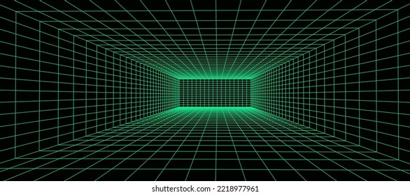 3D wireframe green room. Abstract perspective grid. Retro futuristic concept. Vector illustration.