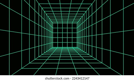 3d wireframe green room. Abstract perspective grid. Retro futuristic concept. Vector illustration.