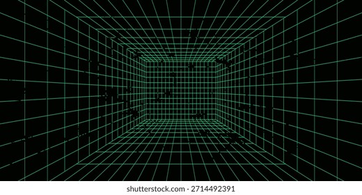 Sala verde del marco de alambre 3D. Cuadrícula de perspectiva Abstractas. Concepto futurista retro. Ilustración vectorial.