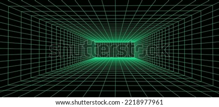 3D wireframe green room. Abstract perspective grid. Retro futuristic concept. Vector illustration.