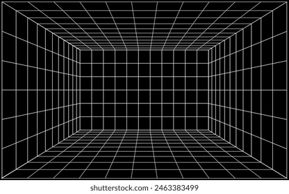 3d wireframe grid empty room. Abstract perspective grid. black background with white mesh