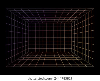 3d wireframe grid room. Abstract Perspective Geometric shape. Cube with perspective