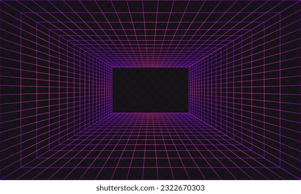 3d wireframe grid room, one-point perspective, vector illustration