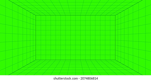 3d wireframe grid room. 3d perspective laser grid 16 9. Cyberspace green background with black mesh. Futuristic digital hallway space in virtual reality. Vector illustration.