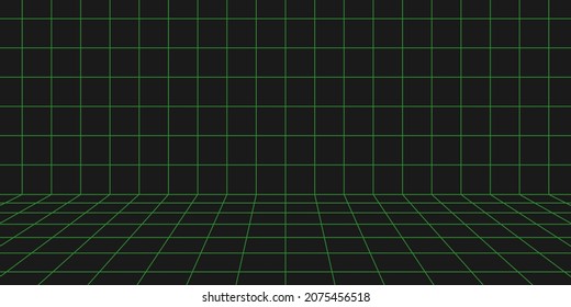 3d wireframe grid room. 3d perspective laser grid. Cyberspace black background with green mesh. Futuristic digital wall in virtual reality. Vector illustration.