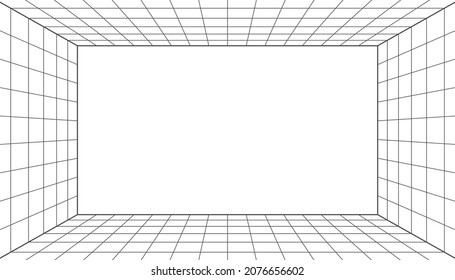 3d wireframe grid room. 3d perspective laser grid 16 9. Cyberspace white background with black mesh. Futuristic digital hallway space in virtual reality. Vector illustration.