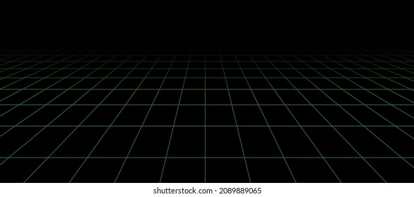 3d wireframe grid room. 3d perspective laser grid. Cyberspace black background with green mesh. Futuristic digital wall in virtual reality. Vector illustration.