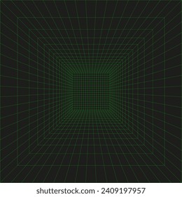 3d wireframe grid room in perspective. Cyberspace with green laser beams or green mesh on a black background. Simple futuristic digital hallway space mockup, template interior square, virtual reality.